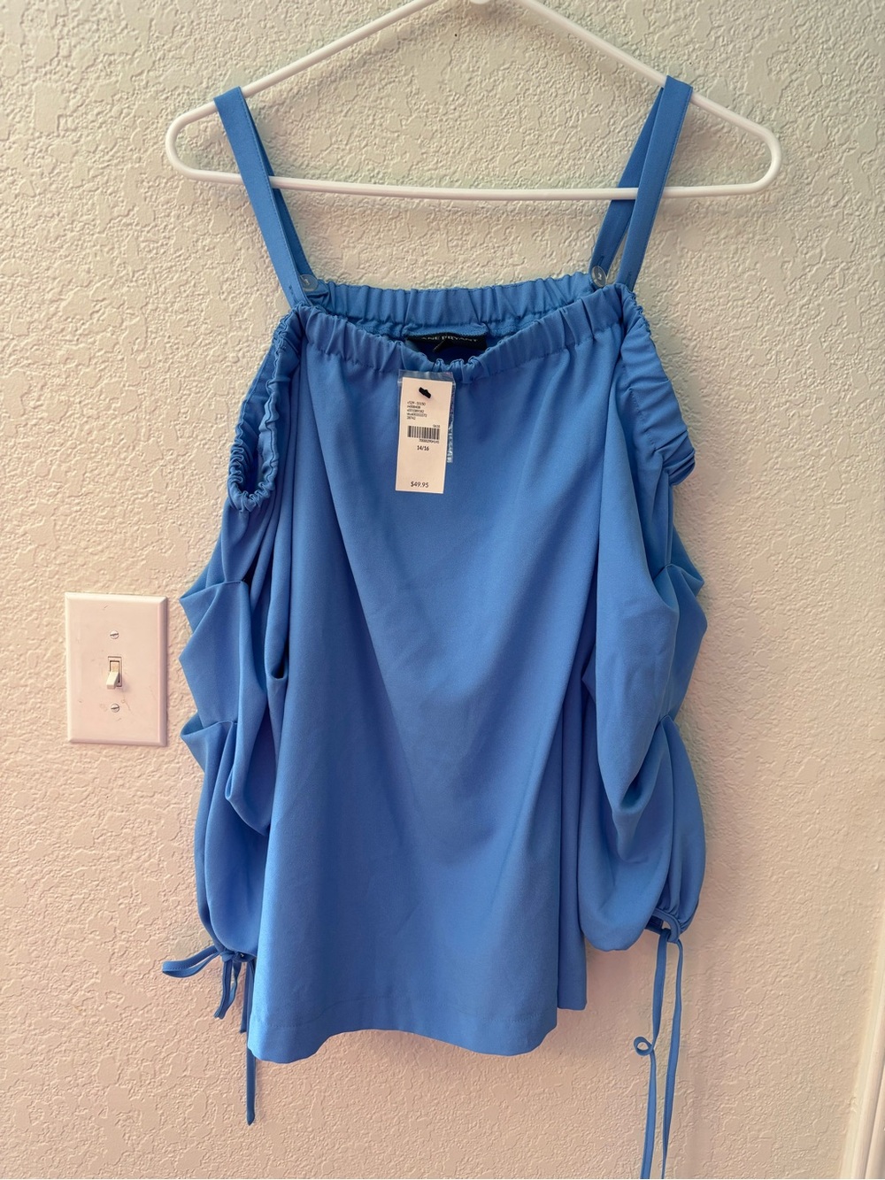 Lane Bryant Blue Cold Shoulder Ruffle Blouse Top Tie Sleeve Coquette Plus 14-16